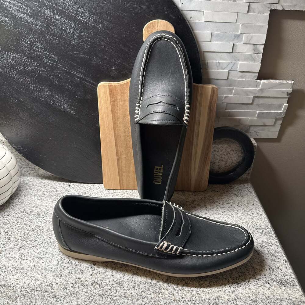 QUVEL Navy Leather Penny Loafers with‎ White Stitching Womens